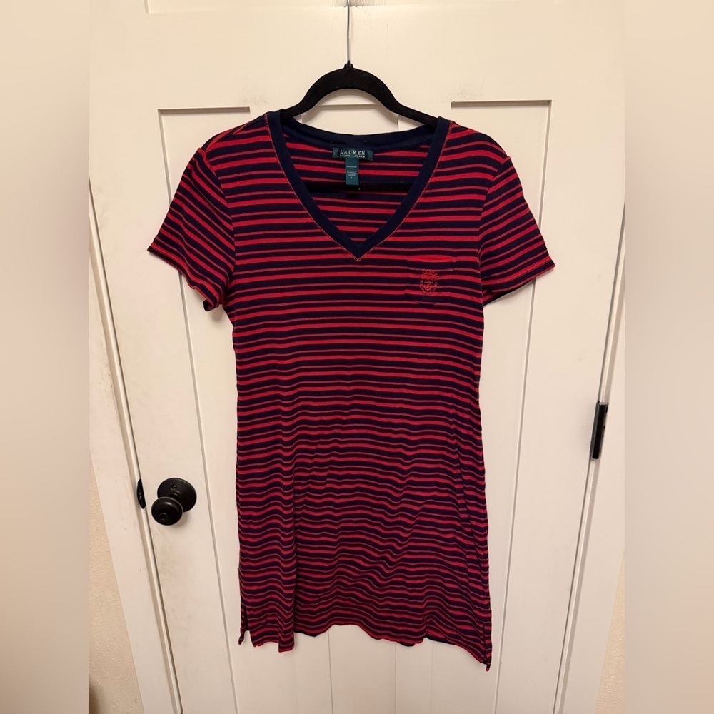 Lauren Ralph Lauren V-neck T-shirt dress red & navy blue stripes 100% cotton L